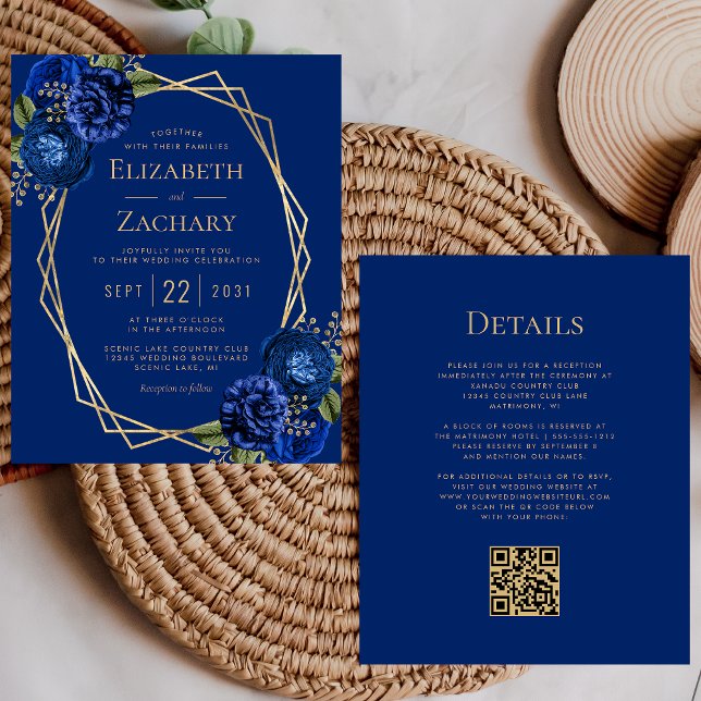 Budget Royal Blue Floral Gold QR Code Wedding (Creator Uploaded)