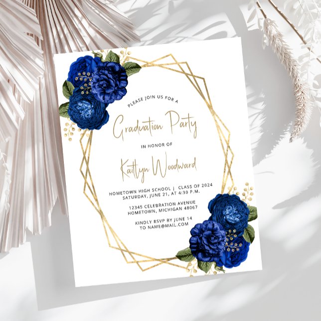 Budget Royal Blue Floral Graduation Party Invite (Creator Uploaded)