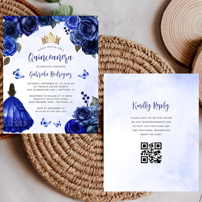 Budget Royal Blue Floral QR Code Quinceañera (Creator Uploaded)