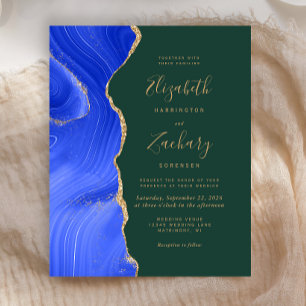 Budget Royal Blue Gold Agate Green Wedding Invite