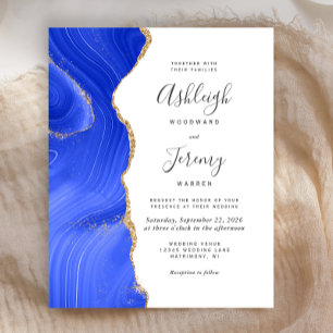 Budget Royal Blue Gold Agate Wedding Invitation