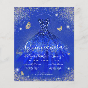 Budget Royal Blue Gold Gown Quinceanera Invite