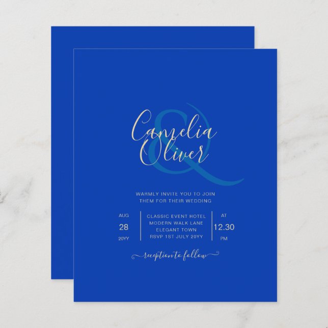 Budget Royal Blue Monochrome Wedding INVITE (Front/Back)