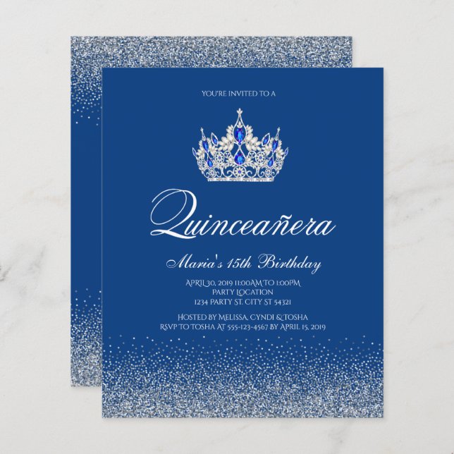 Budget Royal Blue Quinceanera Invitations (Front/Back)