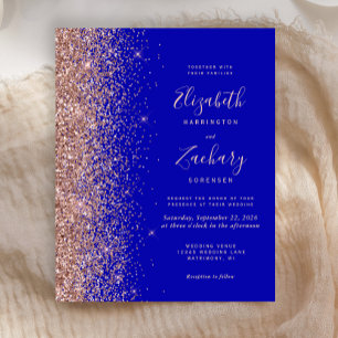 Budget Royal Blue Rose Gold Glitter Wedding Invite