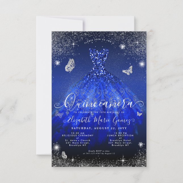 Budget Royal Blue Silver Glitter Gown Quinceanera Card (Front)