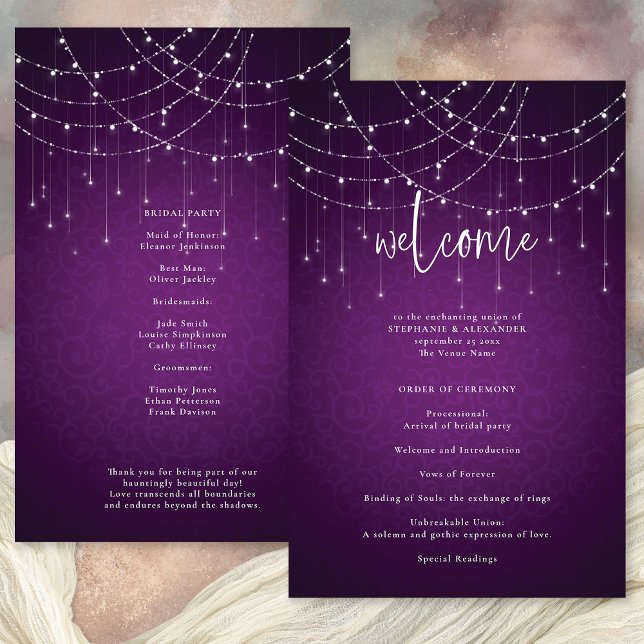 Budget Royal Purple String Lights Wedding Program (Front and back view)
