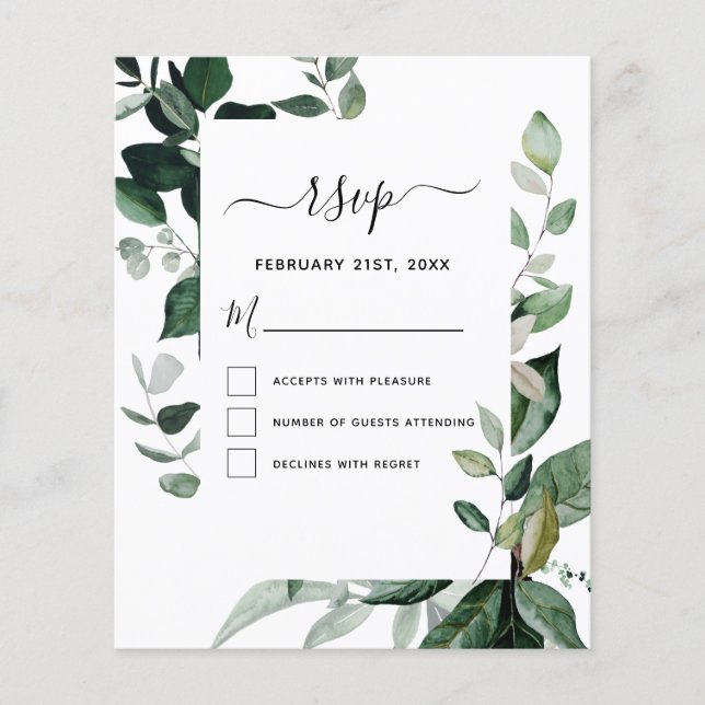 Budget RSVP Botanical Greenery Foliage Wedding Flyer (Front)