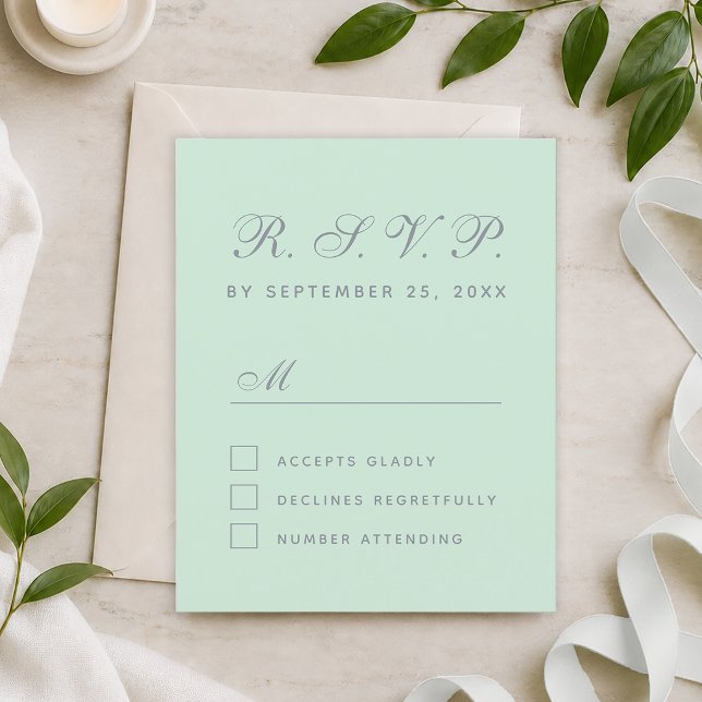 Budget RSVP Mint Green Grey Script Response Card (Creator Uploaded)
