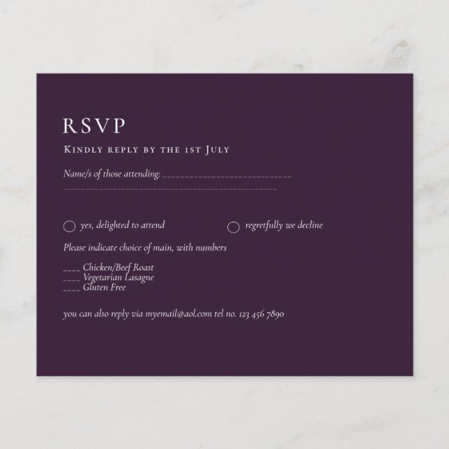 BUDGET RSVP Plum Purple Monochrome Modern Wedding Flyer (Front)