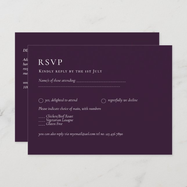 BUDGET RSVP Plum Purple Monochrome Modern Wedding Postcard (Front/Back)