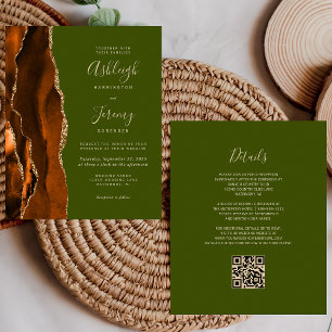 Budget Rust Agate Olive QR Code Wedding Invite