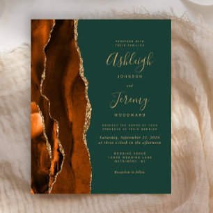 Budget Rust Dark Green Agate Wedding Invitation