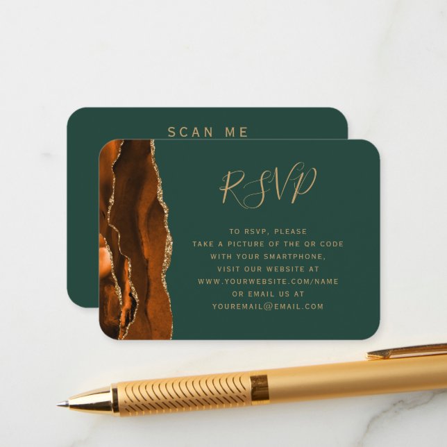 Budget Rust Gold Agate Green Wedding QR Code RSVP  Enclosure Card (Front/Back In Situ)