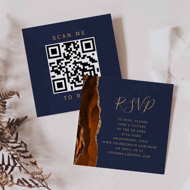 Budget Rust Gold Agate Navy Wedding QR Code RSVP Enclosure Card (Creator Uploaded)