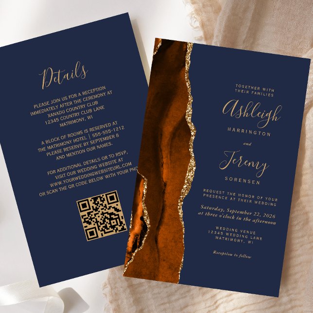 Budget Rust Gold Navy Blue QR Code Wedding Invite (Creator Uploaded)