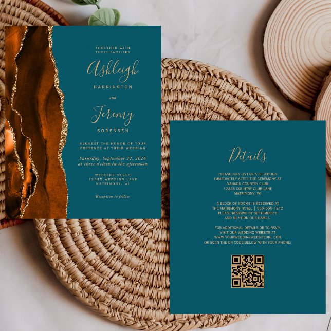 Budget Rust Gold Teal QR Code Wedding Invitation (Creator Uploaded)