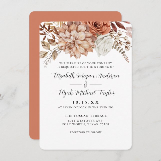 Budget Rust Terracotta Fall Floral Wedding Invitation (Front/Back)