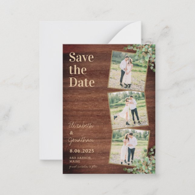 Budget Rustic 3 Photo Wedding Save The Date Card (Front)