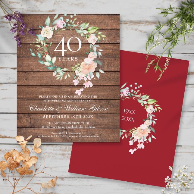 Budget Rustic 40th Anniversary Ruby Floral Invite (Budget Rustic 40th Anniversary Ruby Floral Invite)