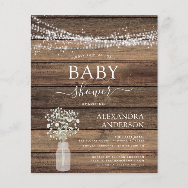 Budget Rustic Baby Shower Jar Lights Invitation Flyer (Front)