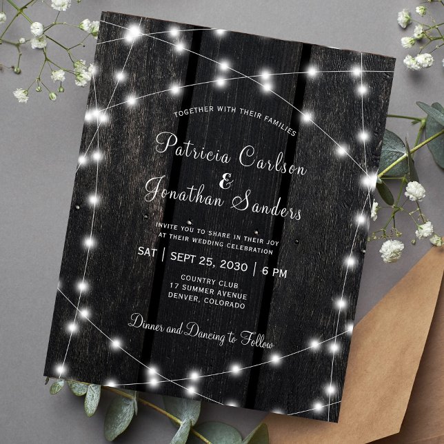 Budget rustic barn wood lights wedding invitation (Creator Uploaded)