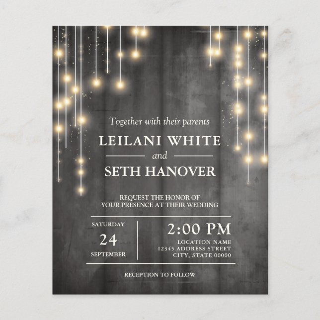 Budget Rustic Black String Lights Wedding Invite (Front)