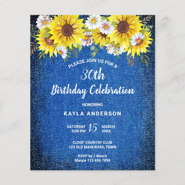 Budget rustic blue denim sunflowers invitation (Front)
