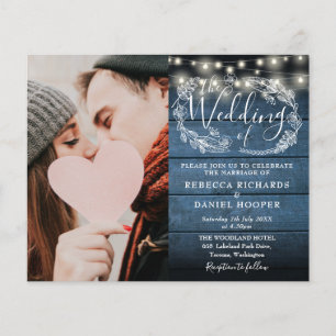 Budget Rustic Blue Wood Photo Wedding Invite
