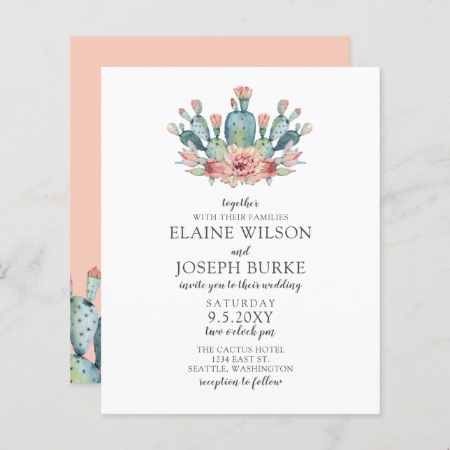 Budget Rustic Blush Cacti Wedding Invitation (Front/Back)