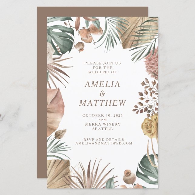 Budget Rustic Boho Greenery Wedding Invite (Front/Back)