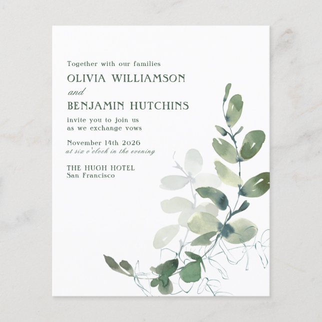 Budget Rustic Botanical Eucalyptus Wedding Invite (Front)