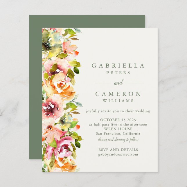 Budget Rustic Burgundy Green Floral Wedding Invite (Front/Back)