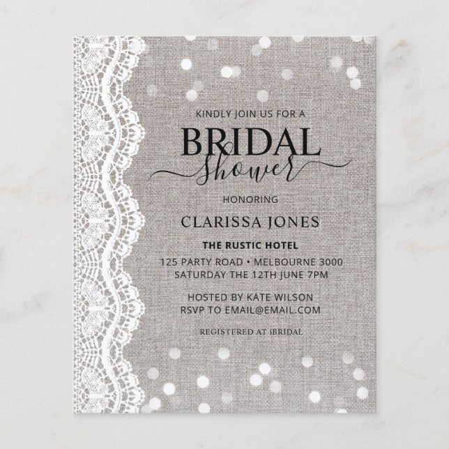 BUDGET Rustic Burlap Lace Bridal Shower Invitation (Front)