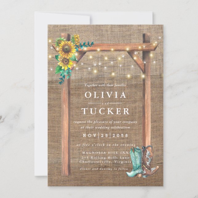 Budget Rustic Burlap Wood Sunflower Wedding Invite (Front)