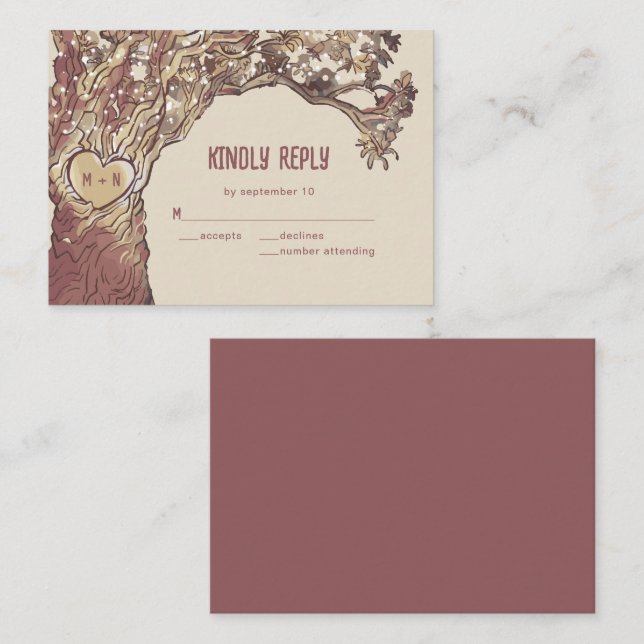 BUDGET Rustic Carved Heart Tree Wedding RSVP Card (Front/Back)