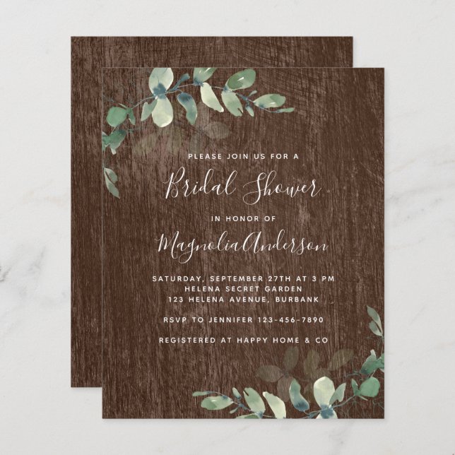BUDGET Rustic Eucalyptus Bridal Shower Invitation (Front/Back)