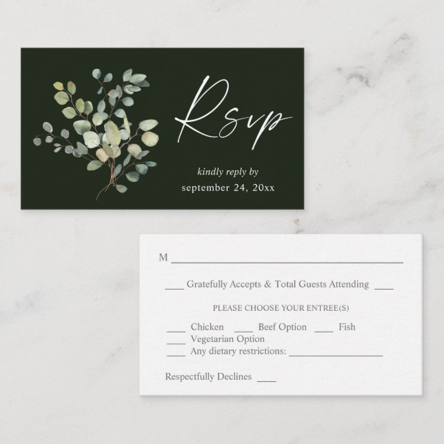 Budget Rustic Eucalyptus Duo 2SM Meal RSVP - Green Enclosure Card (Front/Back)