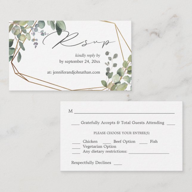 Budget Rustic Eucalyptus & Gold 2SM Meal RSVP Enclosure Card (Front/Back)