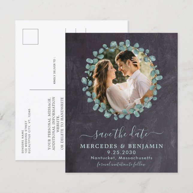 Budget Rustic Eucalyptus Photo Save The Date Card (Front/Back)