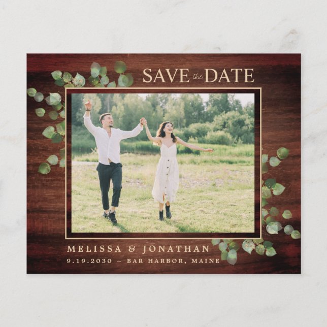 Budget Rustic Eucalyptus QR Code Save The Date (Front)