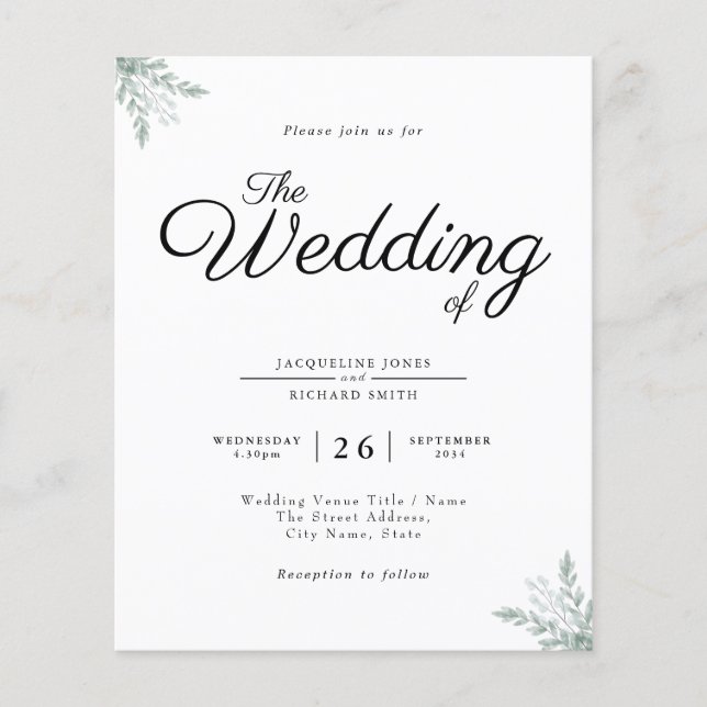 Budget Rustic Eucalyptus Wedding Invitation Flyer (Front)