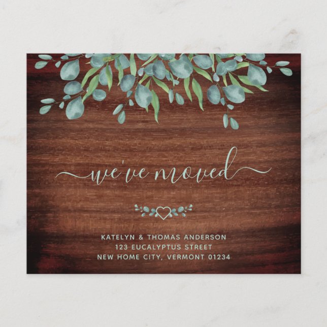 Budget Rustic Eucalyptus Wood Moving Announcement (Front)