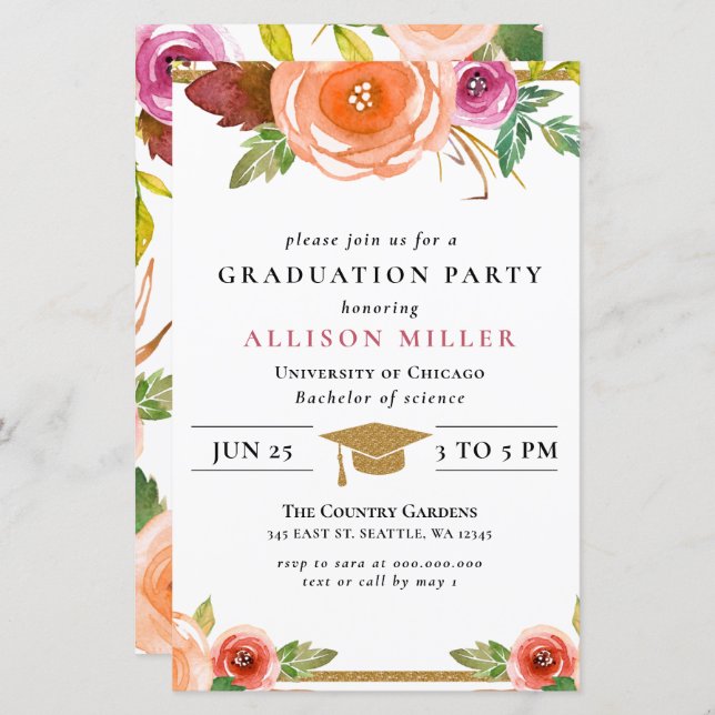 Budget Rustic Floral Graduation Invitation (Front/Back)