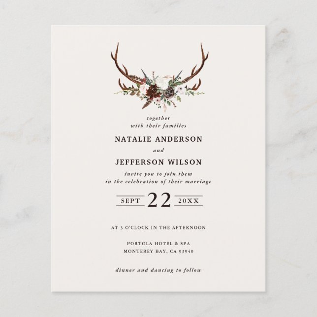 budget Rustic floral stag antlers wedding invite (Front)