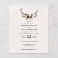 budget Rustic floral stag antlers wedding invite