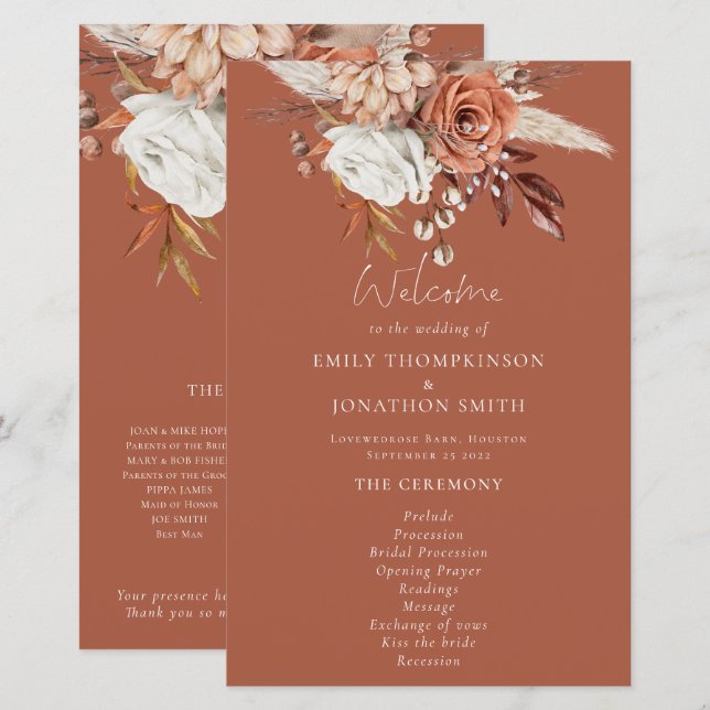 Budget Rustic Florals Terracotta Wedding Program (Front/Back)