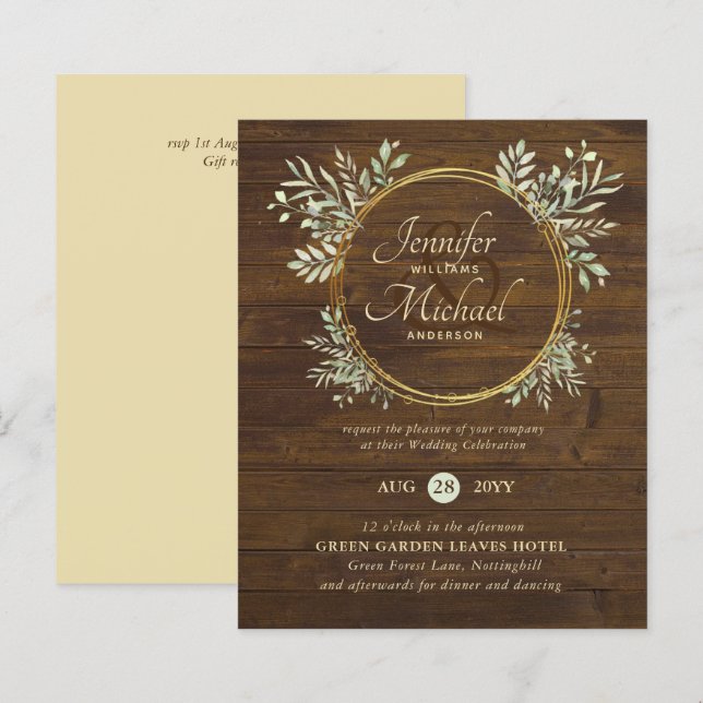 BUDGET Rustic Gold Greenery Wreath Wedding Invite (Front/Back)