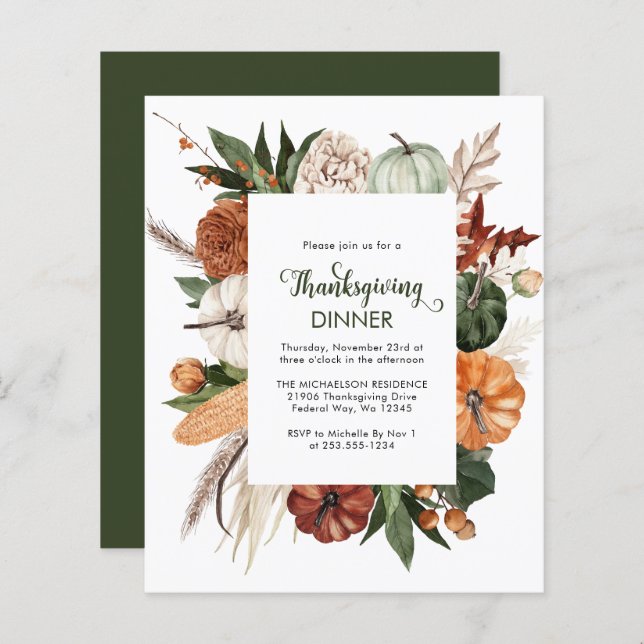 Budget Rustic Green Thanksgiving Dinner Invite (Front/Back)