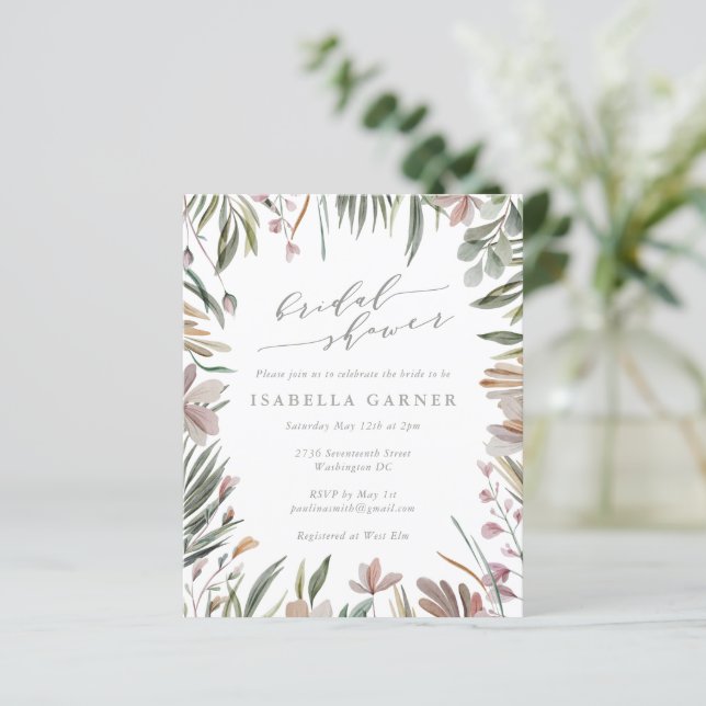Budget Rustic Greenery Sage Bridal Shower Invite (Standing Front)